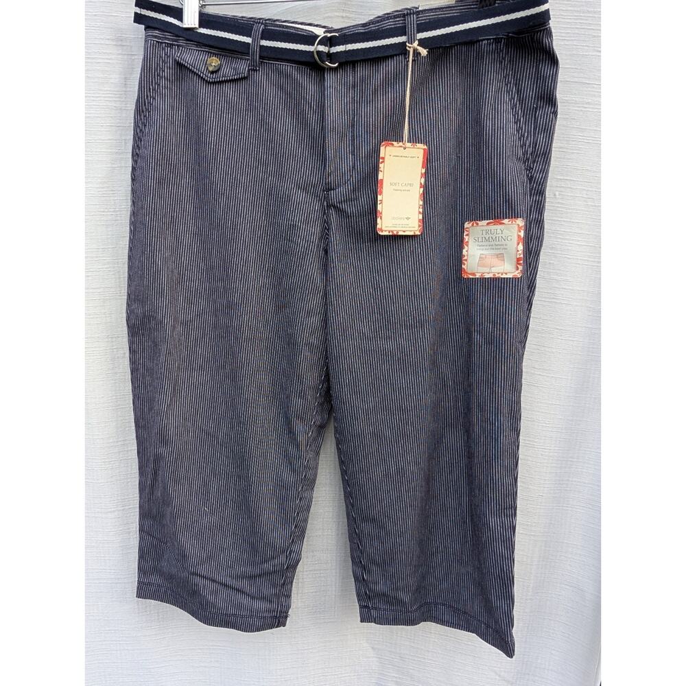 Dockers Womens Navy Pinstripe‎ Capri Pants Sz 14 Truly Slimming Belted Soft